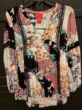 V Cristina Pink Black Floral Patchwork Peasant Blouse